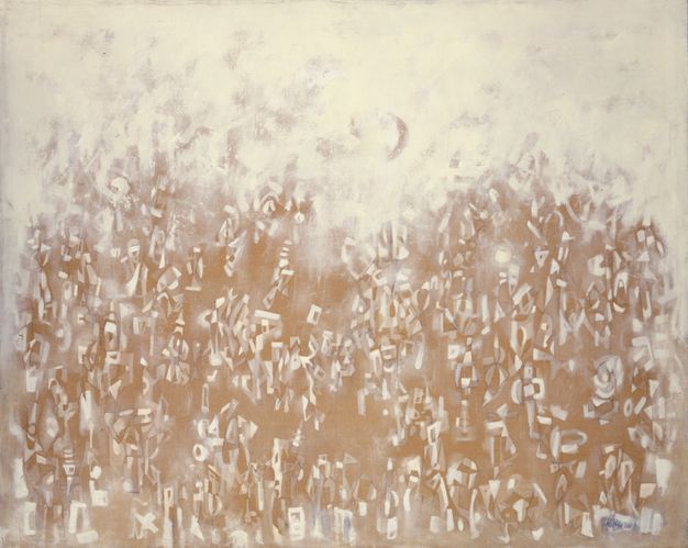 Painting. A field of fawn brown rises about two-thirds of the way up this abstract composition. A haze of cream white shrouds the top third. Countless off-white shapes in the brown look like letters or symbols at first glance. Closer inspection reveals a crescent moon near the centre of the white field.
