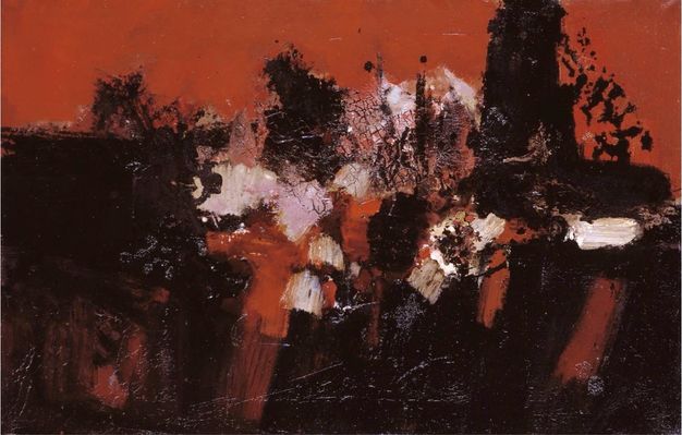 Painting. The upper regions of this horizontal, abstract composition are brick red, and the lower are predominantly black. Scraped, slashed, and exploding areas of black, brick red, baby pink and white fill the middle of the painting.