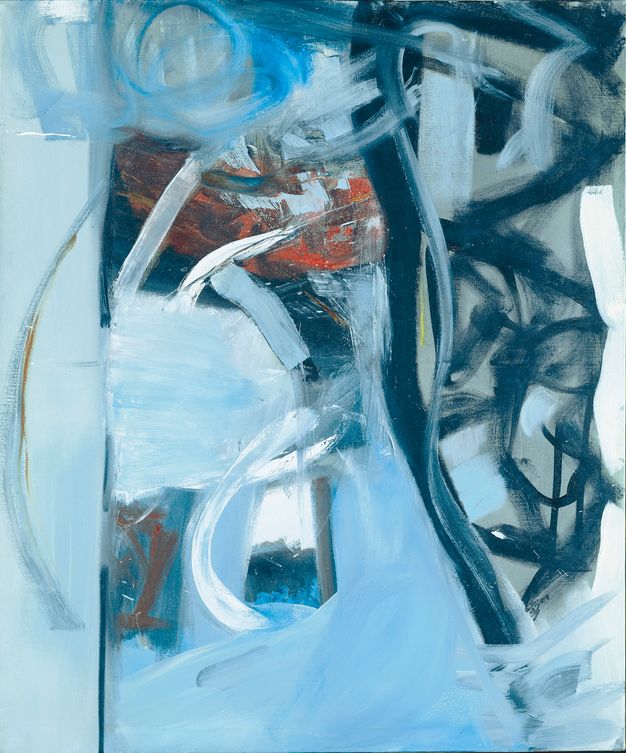Painting. Arctic blue and black strokes surge, whip, and eddy against a background of pale blue, grey, brown, and crimson in this vertical, abstract composition.